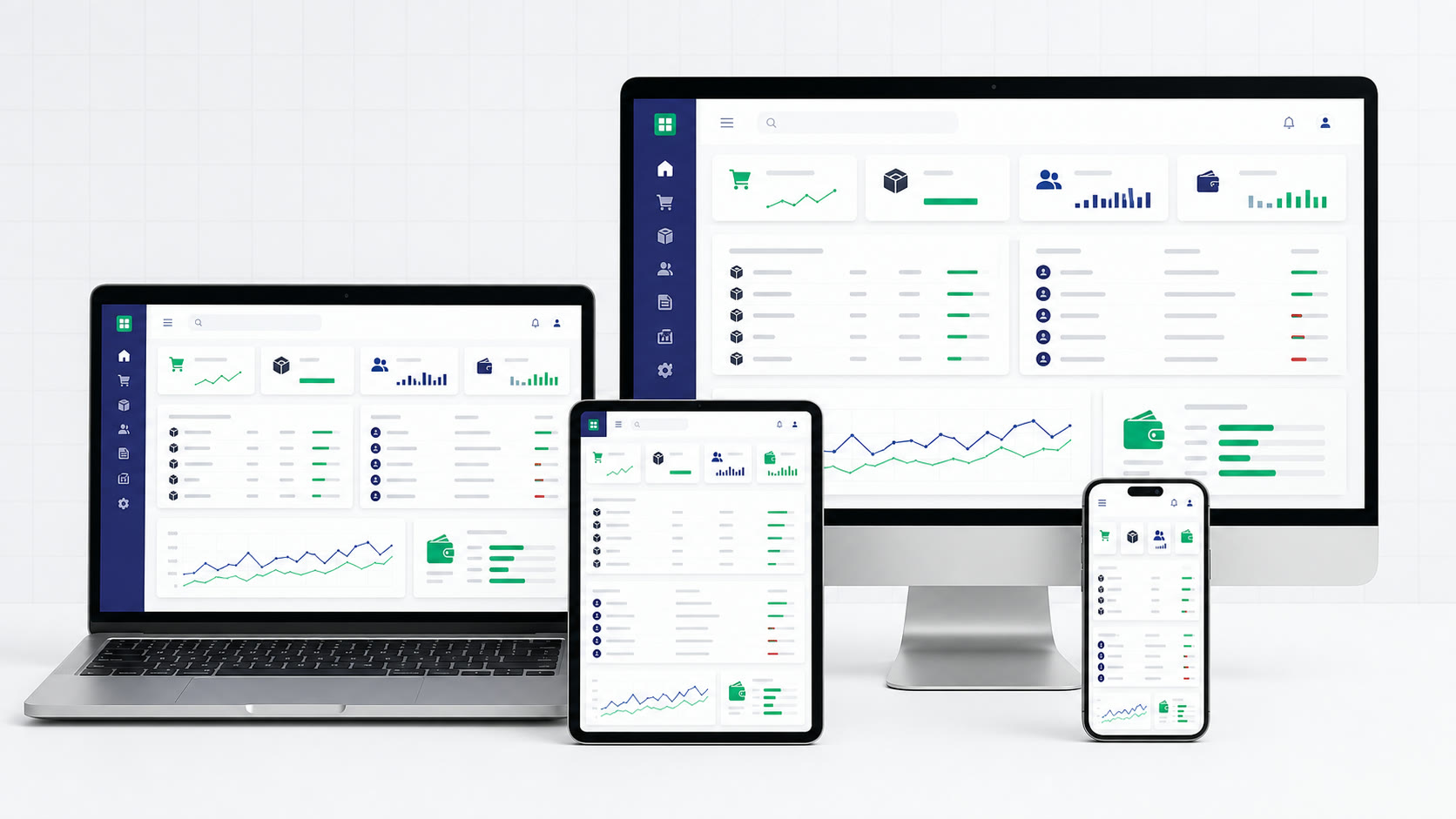 KarobarBook shop management dashboard displayed on a laptop, tablet, desktop monitor, and mobile phone